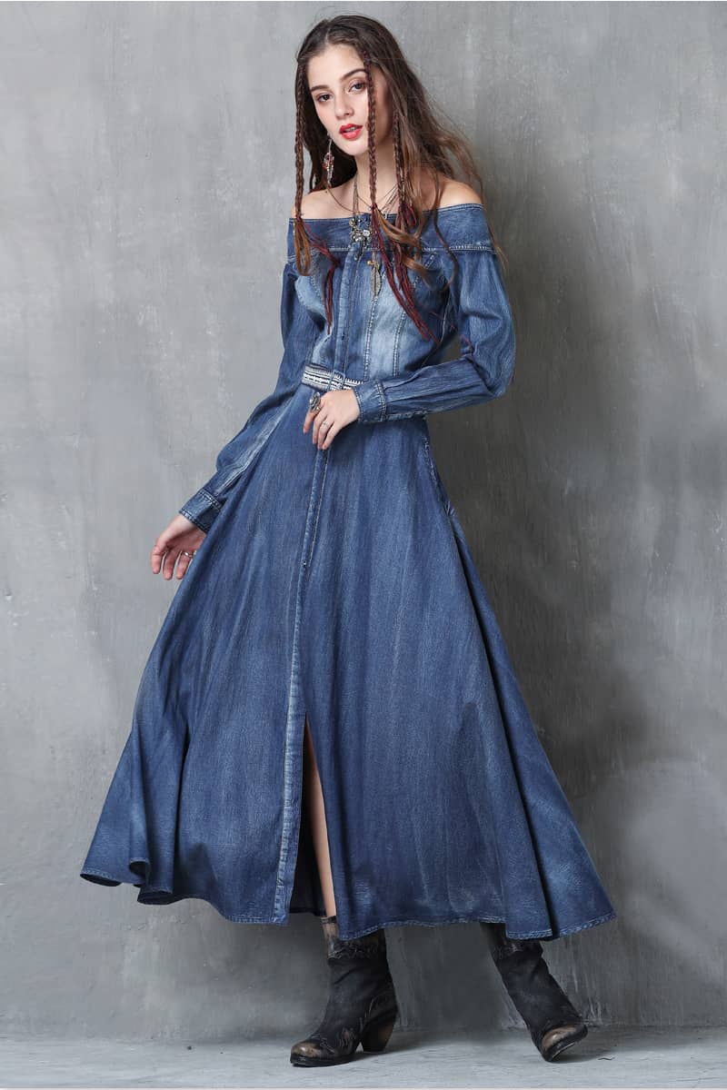 Washed denim dress with belt embroidered one-line collar XL | IFAUN
