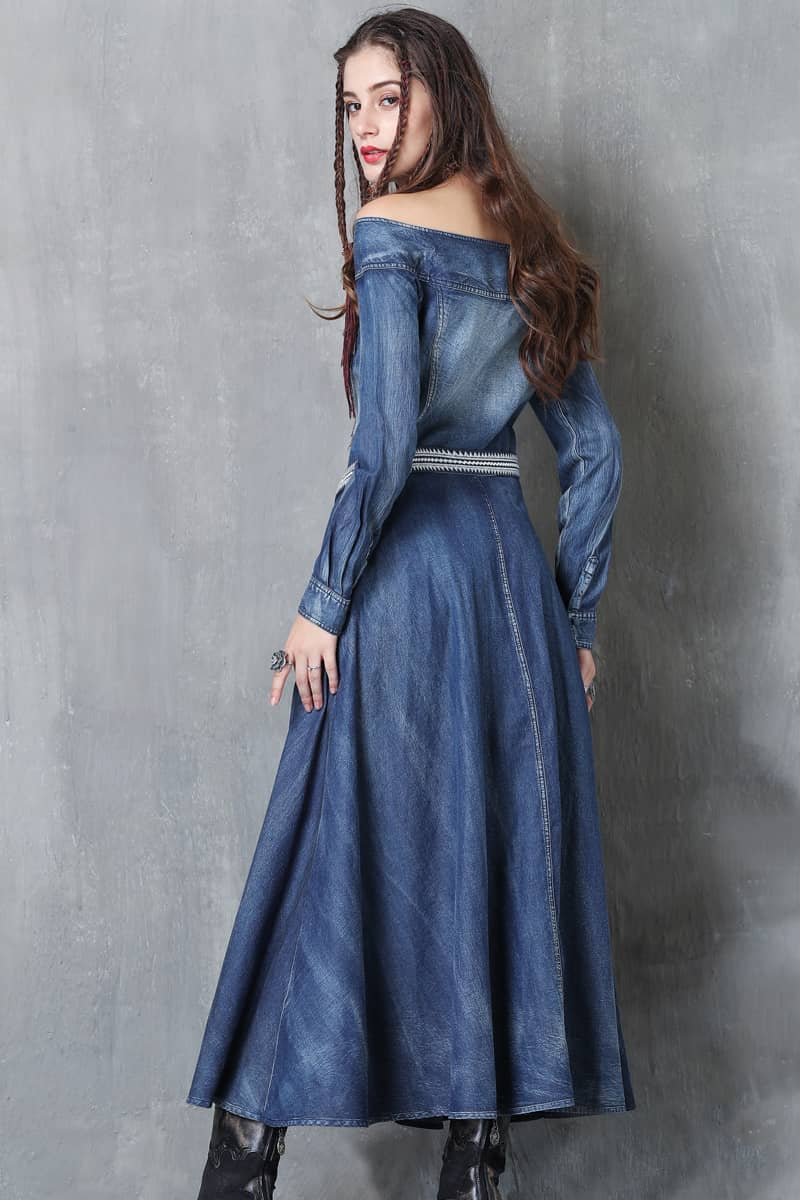 Washed denim dress with belt embroidered one-line collar  | IFAUN