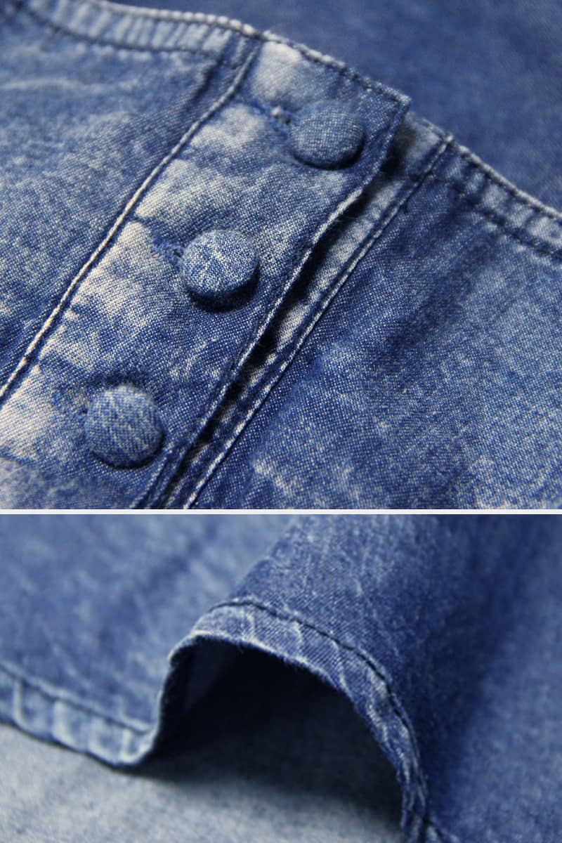 Washed denim dress with belt embroidered one-line collar  | IFAUN