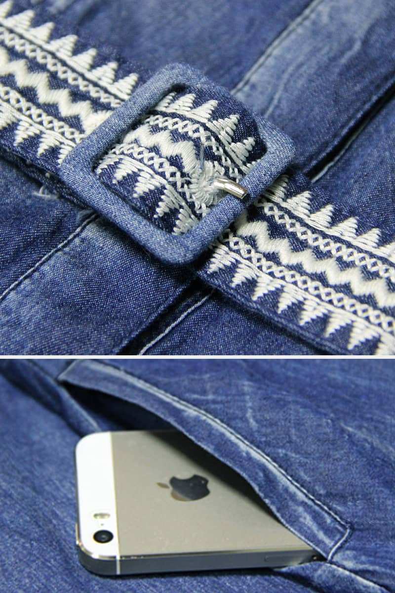 Washed denim dress with belt embroidered one-line collar  | IFAUN