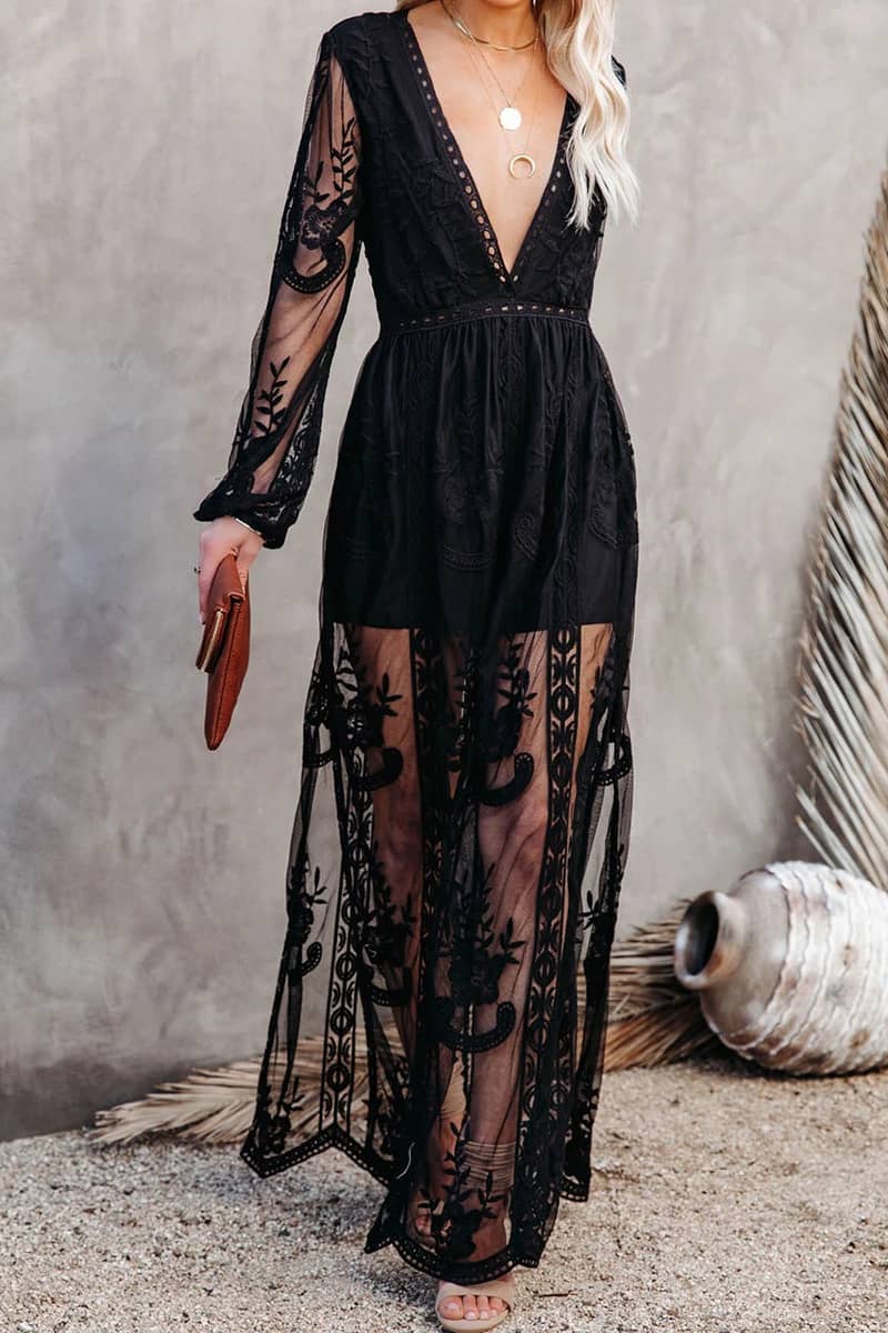 Lace long sleeve V-neck solid color dress – IFAUN