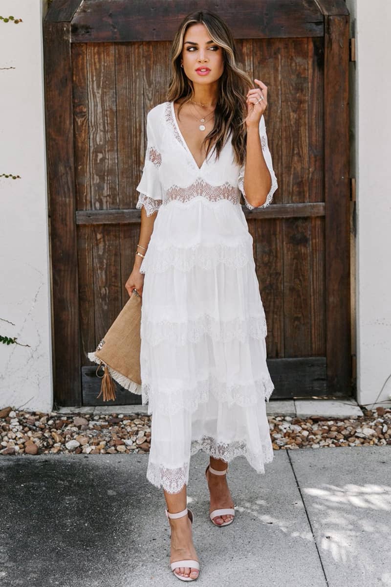 Tulle deep V pullover lace dress White / L | IFAUN