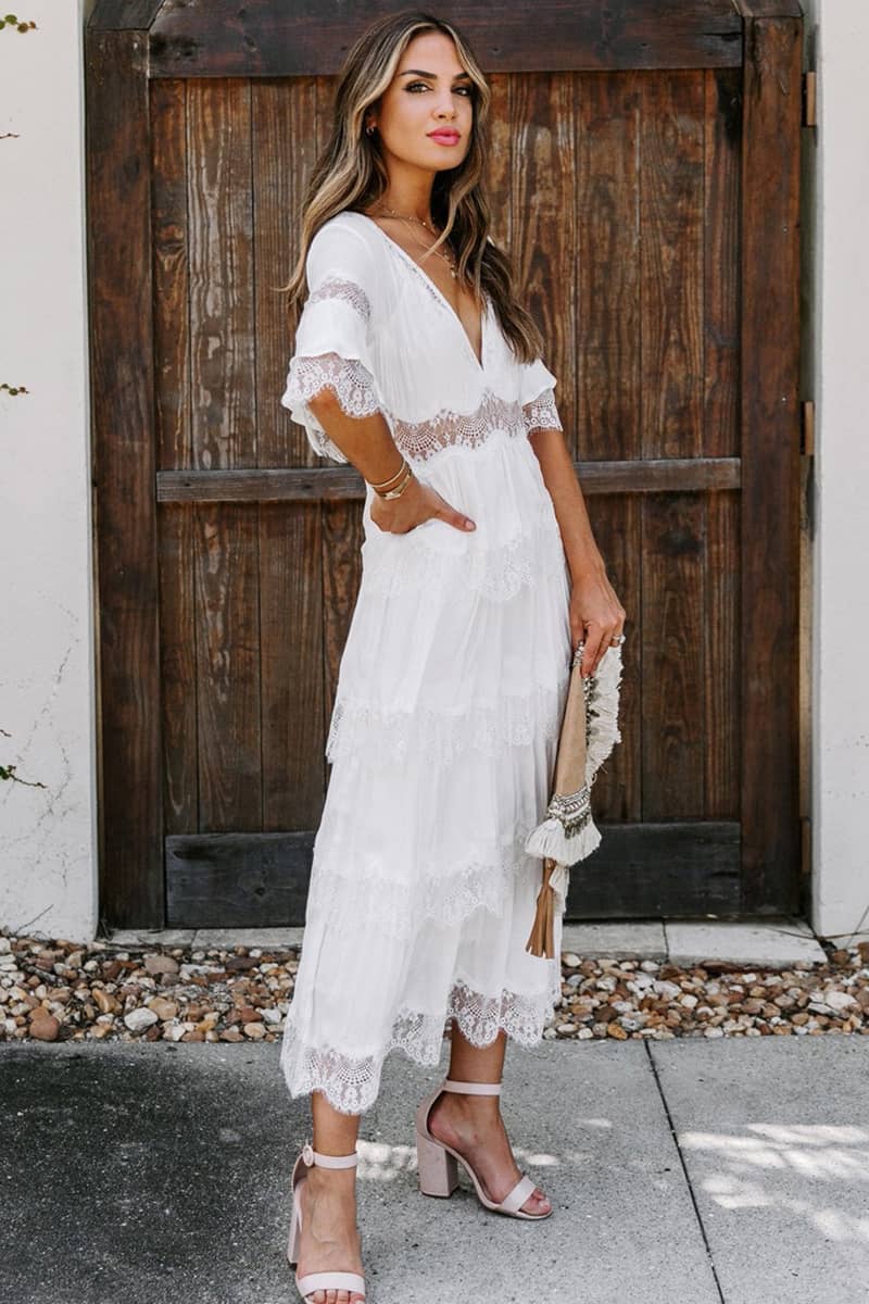 Tulle deep V pullover lace dress White / XL | IFAUN