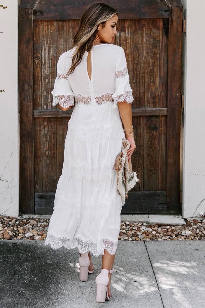 Tulle deep V pullover lace dress White / 2XL | IFAUN