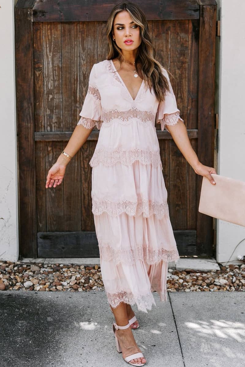 Tulle deep V pullover lace dress Pink / M | IFAUN
