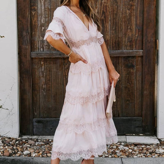 Tulle deep V pullover lace dress Pink / S | IFAUN