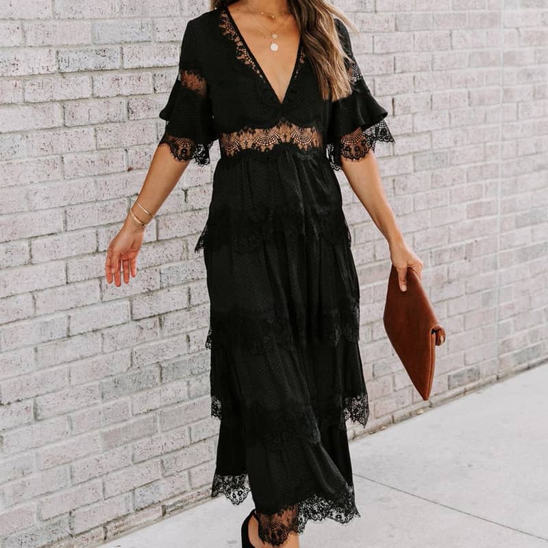 Tulle deep V pullover lace dress Black / S | IFAUN