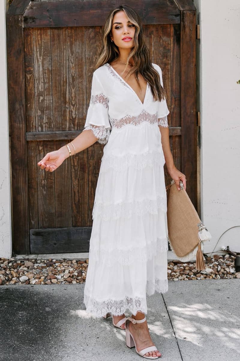 Tulle deep V pullover lace dress White / S | IFAUN