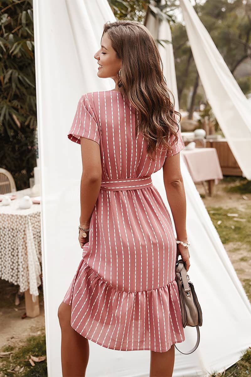 Women's V-neck sexy temperament striped dress Pink / XL | IFAUN