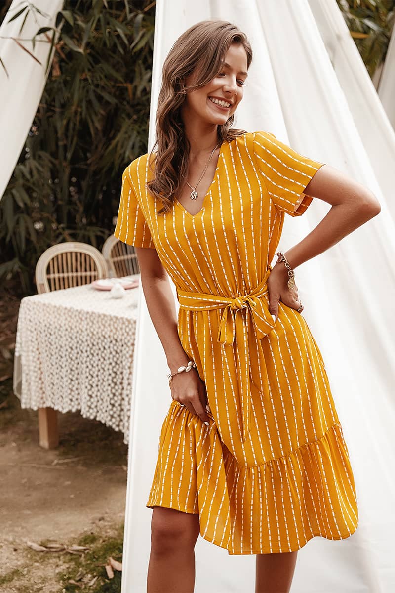 Women's V-neck sexy temperament striped dress Yellow / L | IFAUN