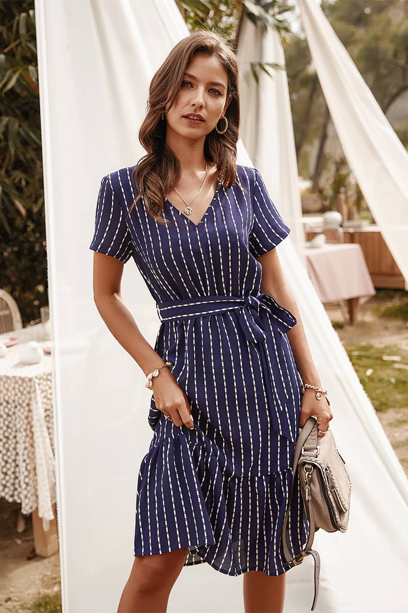 Women's V-neck sexy temperament striped dress Blue / L | IFAUN