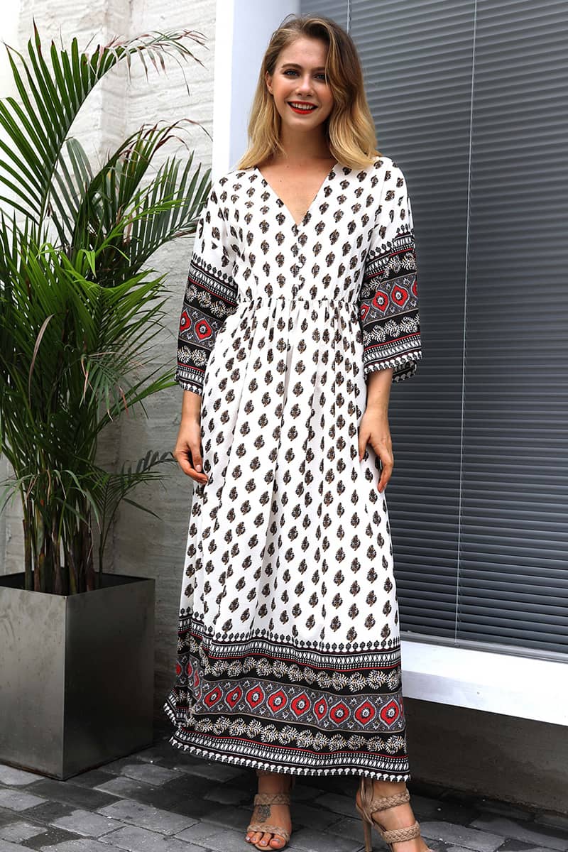Bohemian waist contrast patchwork dress Red / M | IFAUN