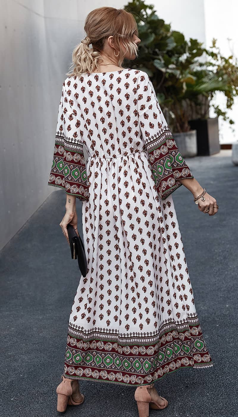 Bohemian waist contrast patchwork dress Green / XL | IFAUN