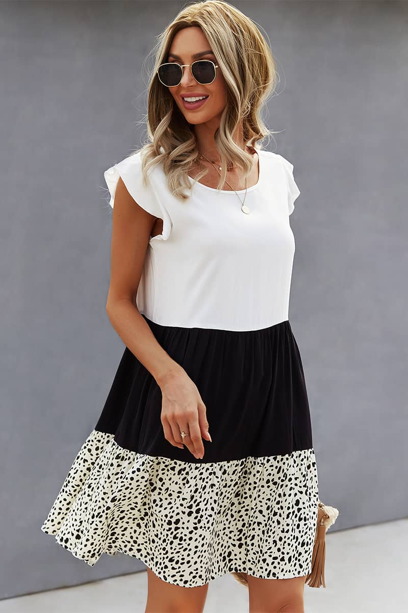 Summer stitching leopard print flying sleeve dress M | IFAUN