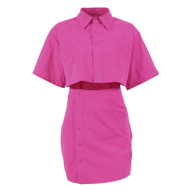 Hot pink short-sleeved shirt and hip skirt dress  | IFAUN