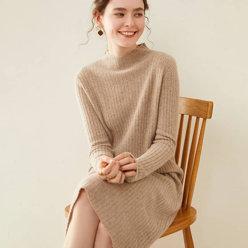 Half high collar cashmere knitted dress women