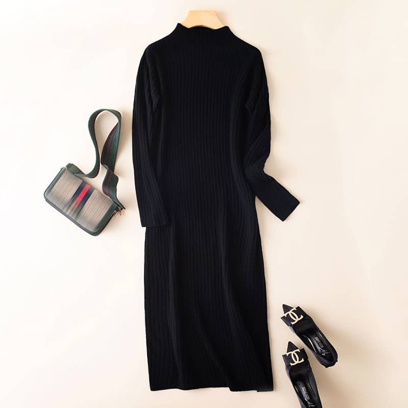 Half high collar cashmere knitted dress women