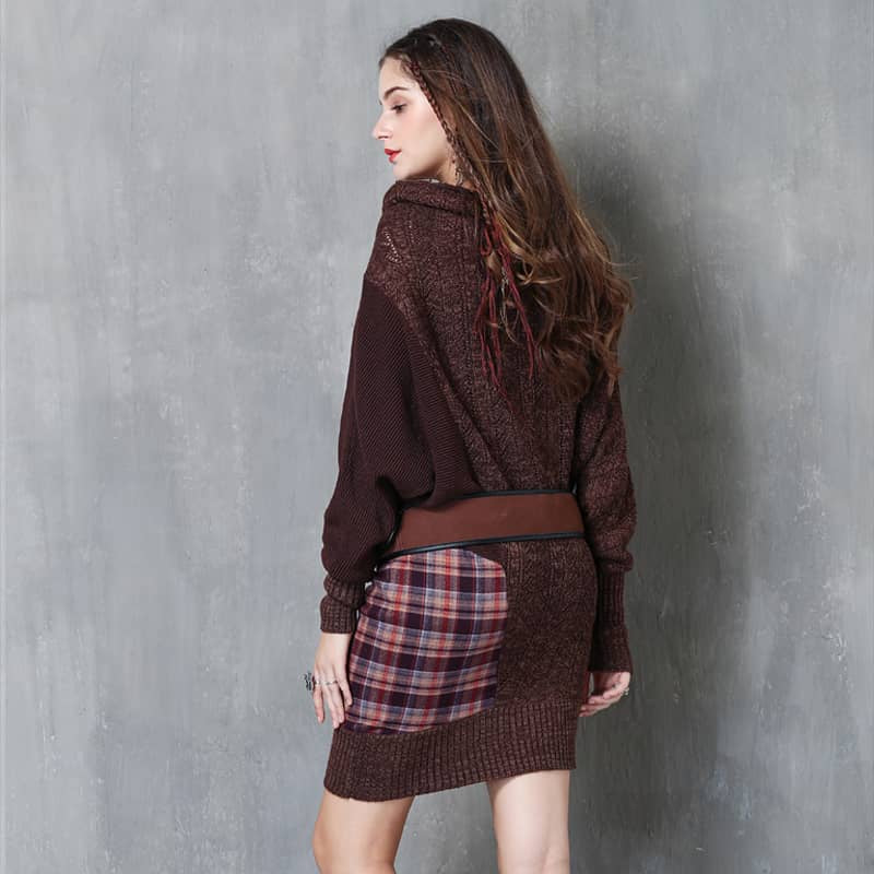 Autumn and winter plaid stitching fashion knitted dress