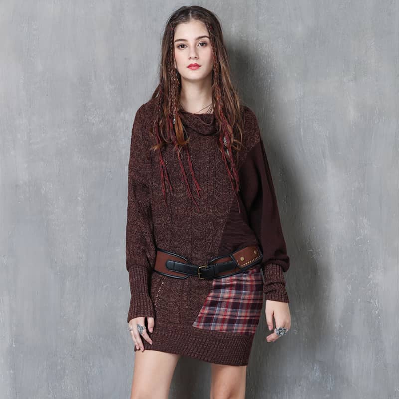 Autumn and winter plaid stitching fashion knitted dress