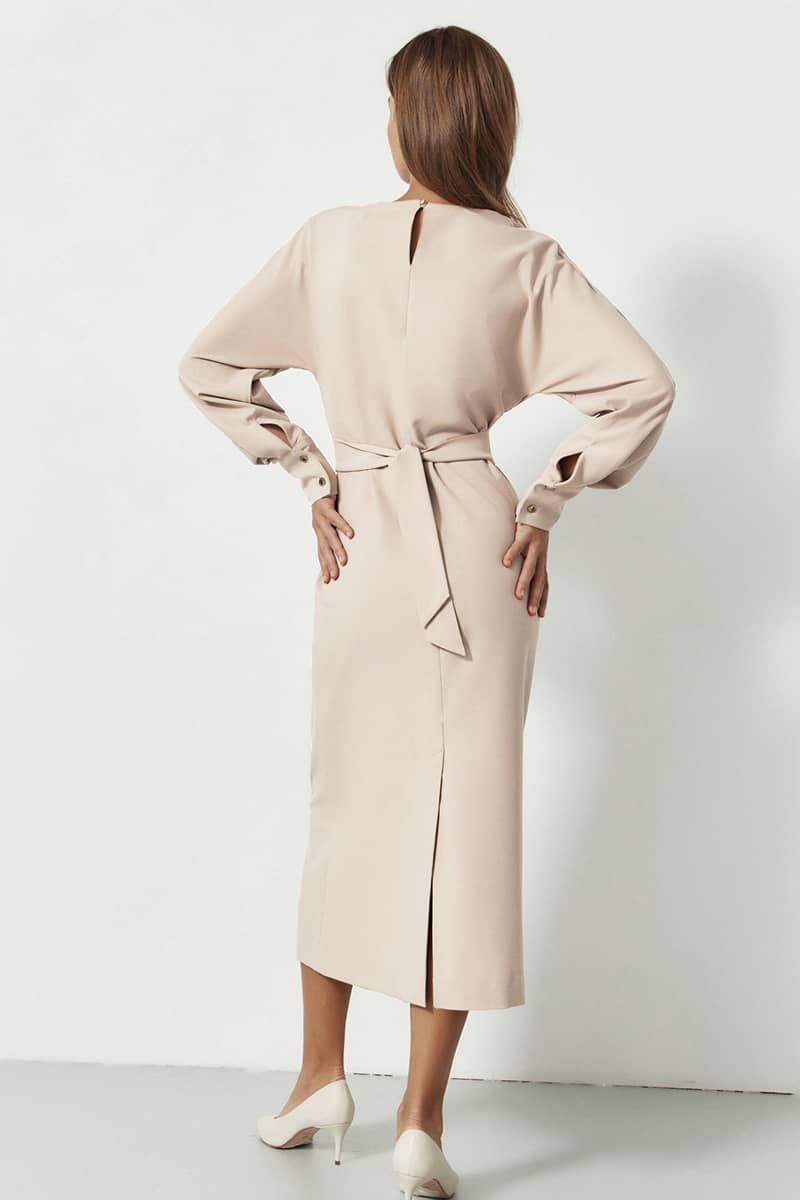 Lantern Sleeve Neck Belt Shift Dress