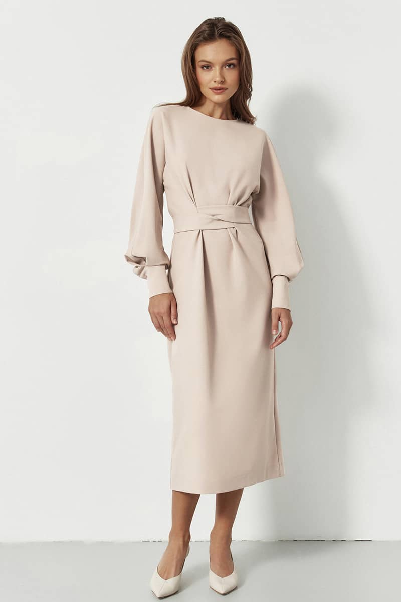 Lantern Sleeve Neck Belt Shift Dress