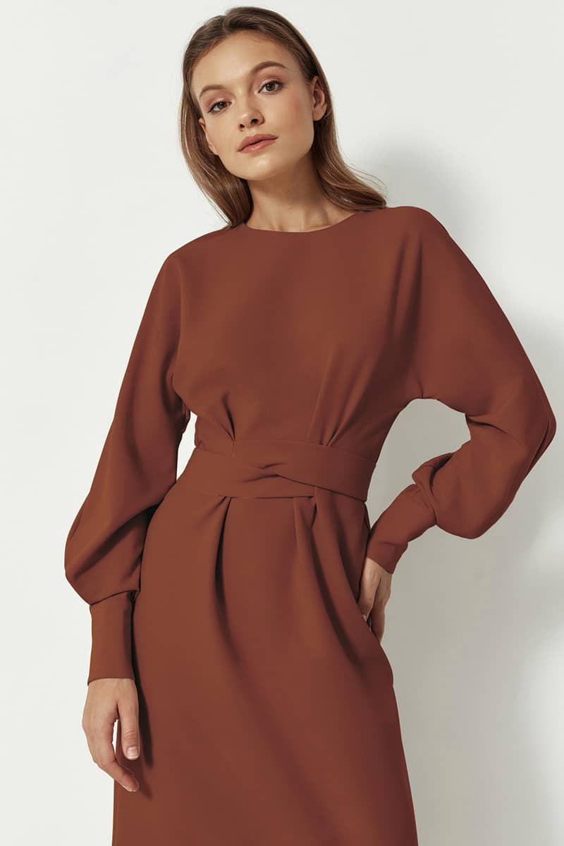 Lantern Sleeve Neck Belt Shift Dress