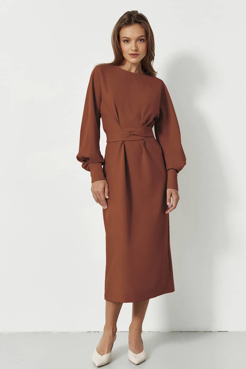 Lantern Sleeve Neck Belt Shift Dress