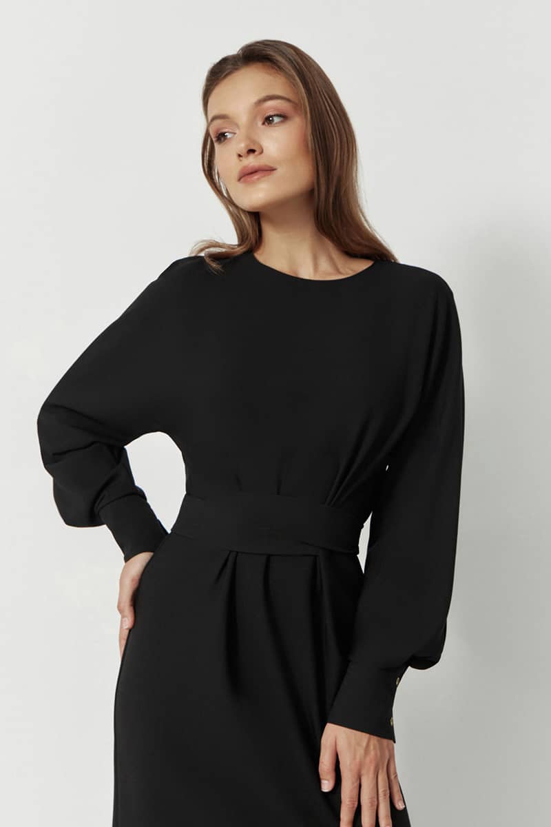 Lantern Sleeve Neck Belt Shift Dress