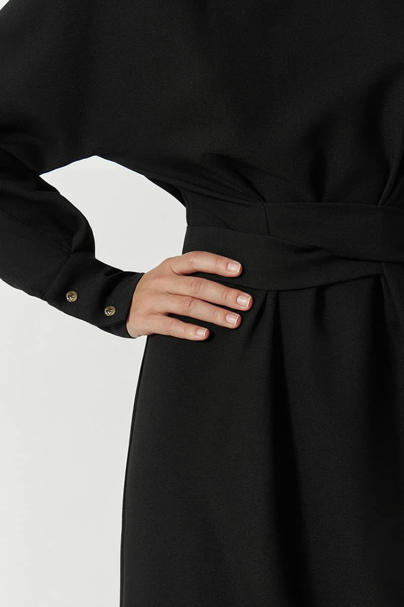 Lantern Sleeve Neck Belt Shift Dress