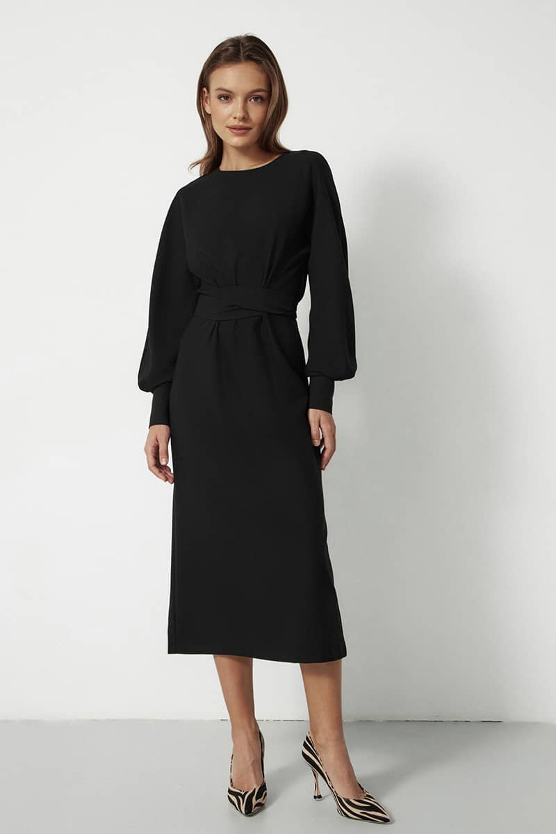 Lantern Sleeve Neck Belt Shift Dress
