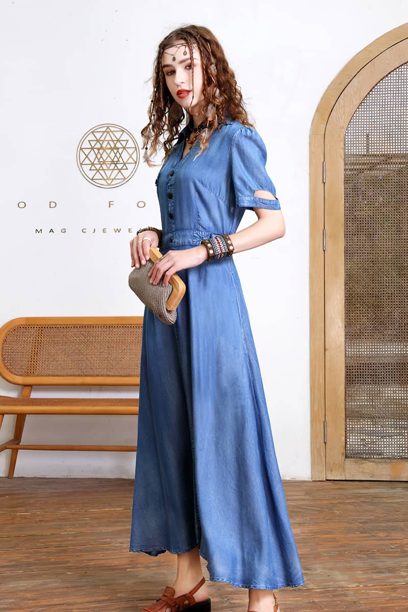 V-neck dress retro waist slim Tencel denim dress