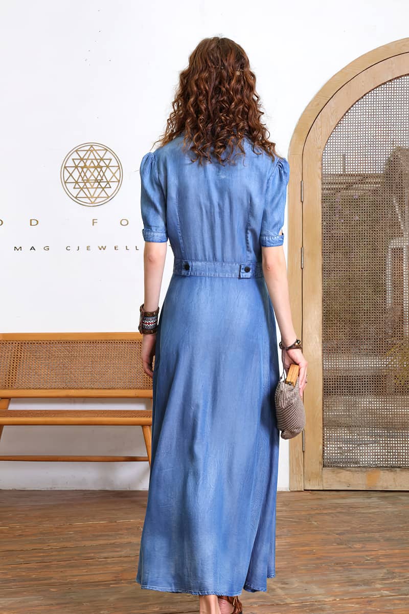 V-neck dress retro waist slim Tencel denim dress