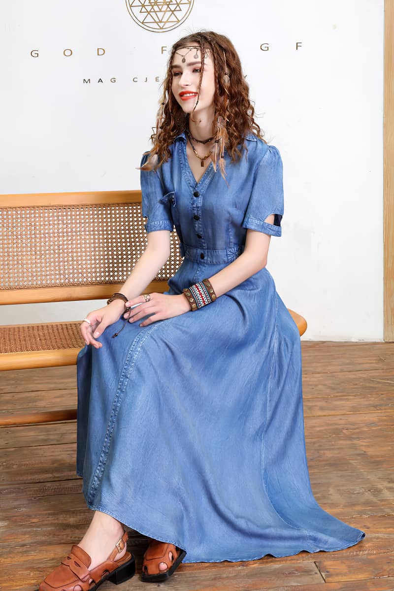 V-neck dress retro waist slim Tencel denim dress