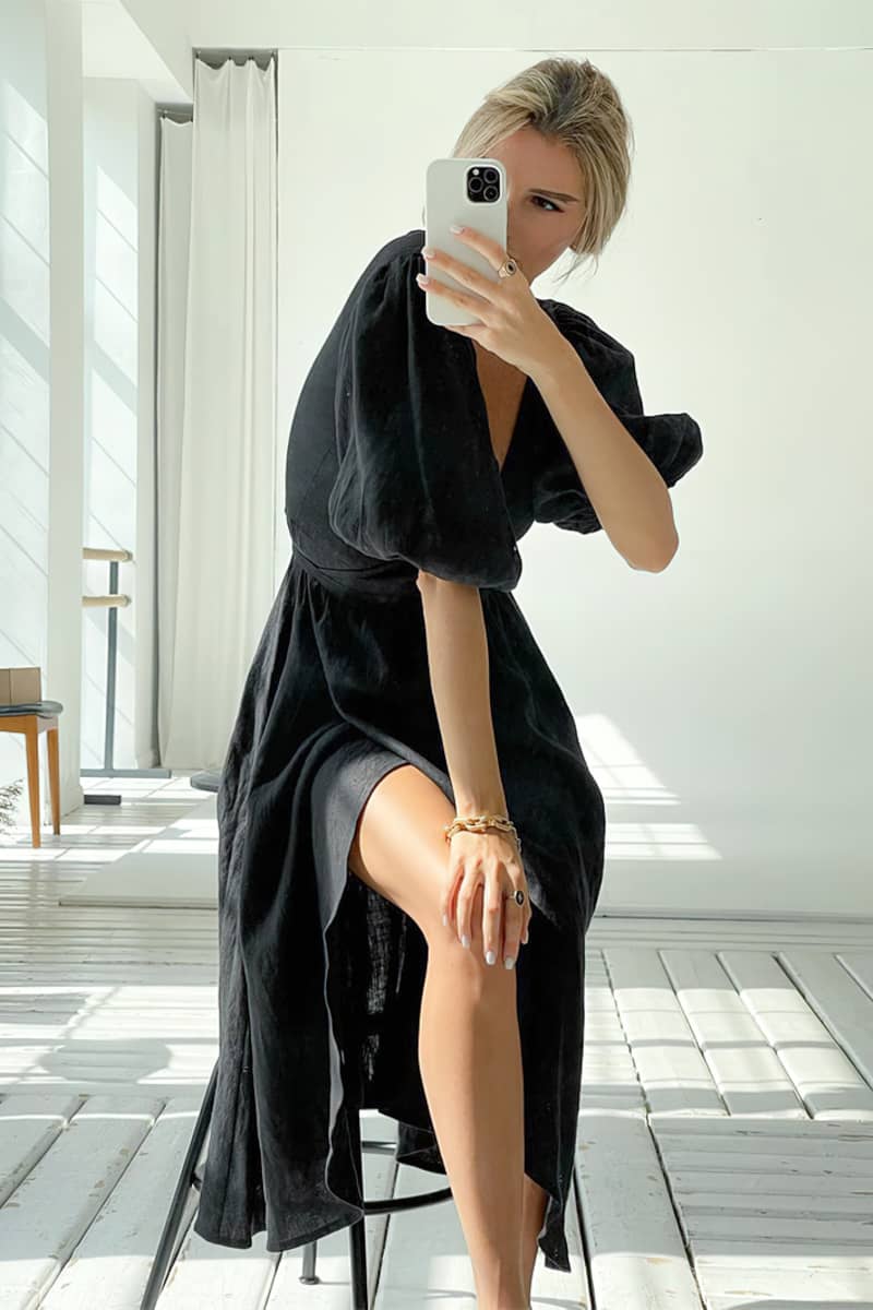 Cotton high waist A-line skirt split dress