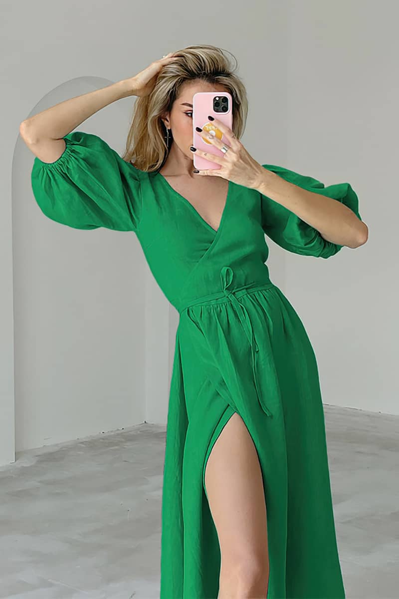 Cotton high waist A-line skirt split dress