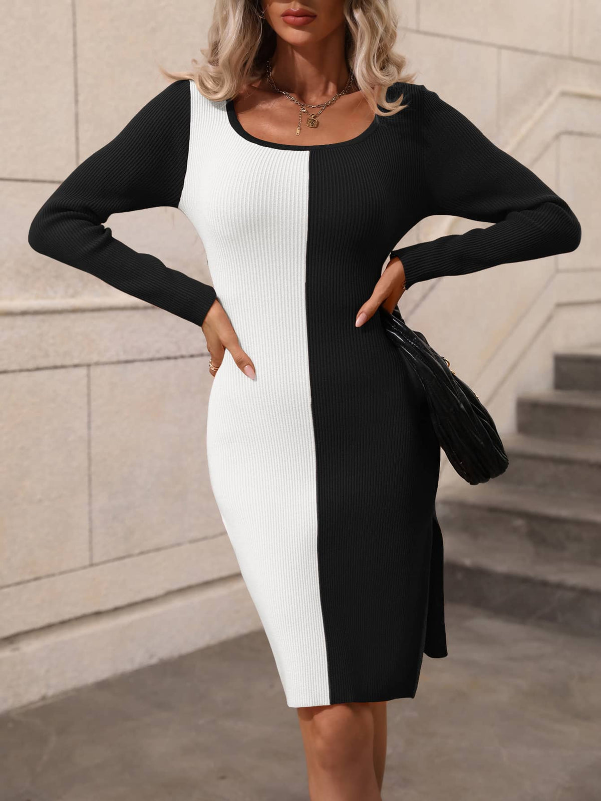 Color Block One-Shoulder Knit Dress