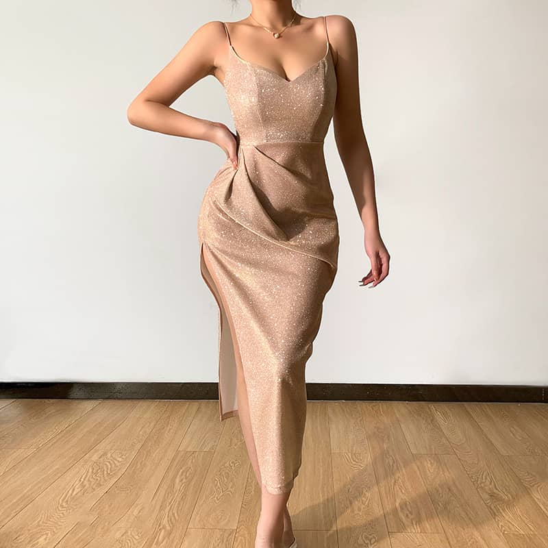 Glitter Sexy Deep V Sling Slit Dress