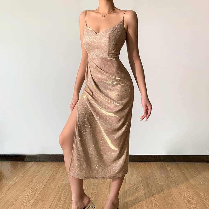 Glitter Sexy Deep V Sling Slit Dress