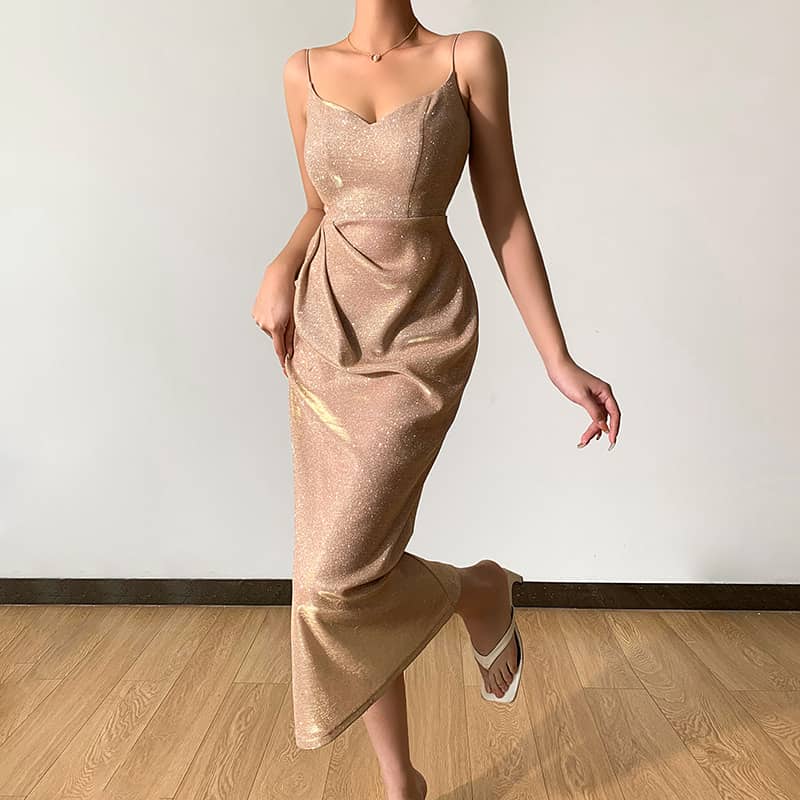 Glitter Sexy Deep V Sling Slit Dress