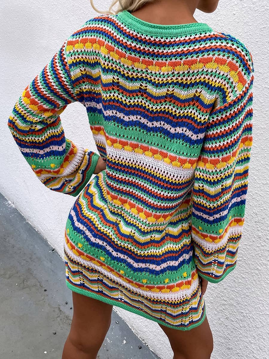 Round Neck Colorful Stripe Knitted Dress Mid Length Women's Sweater