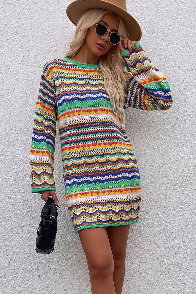 Round Neck Colorful Stripe Knitted Dress Mid Length Women's Sweater
