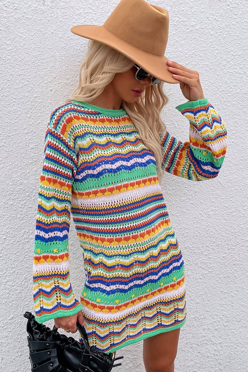 Round Neck Colorful Stripe Knitted Dress Mid Length Women's Sweater