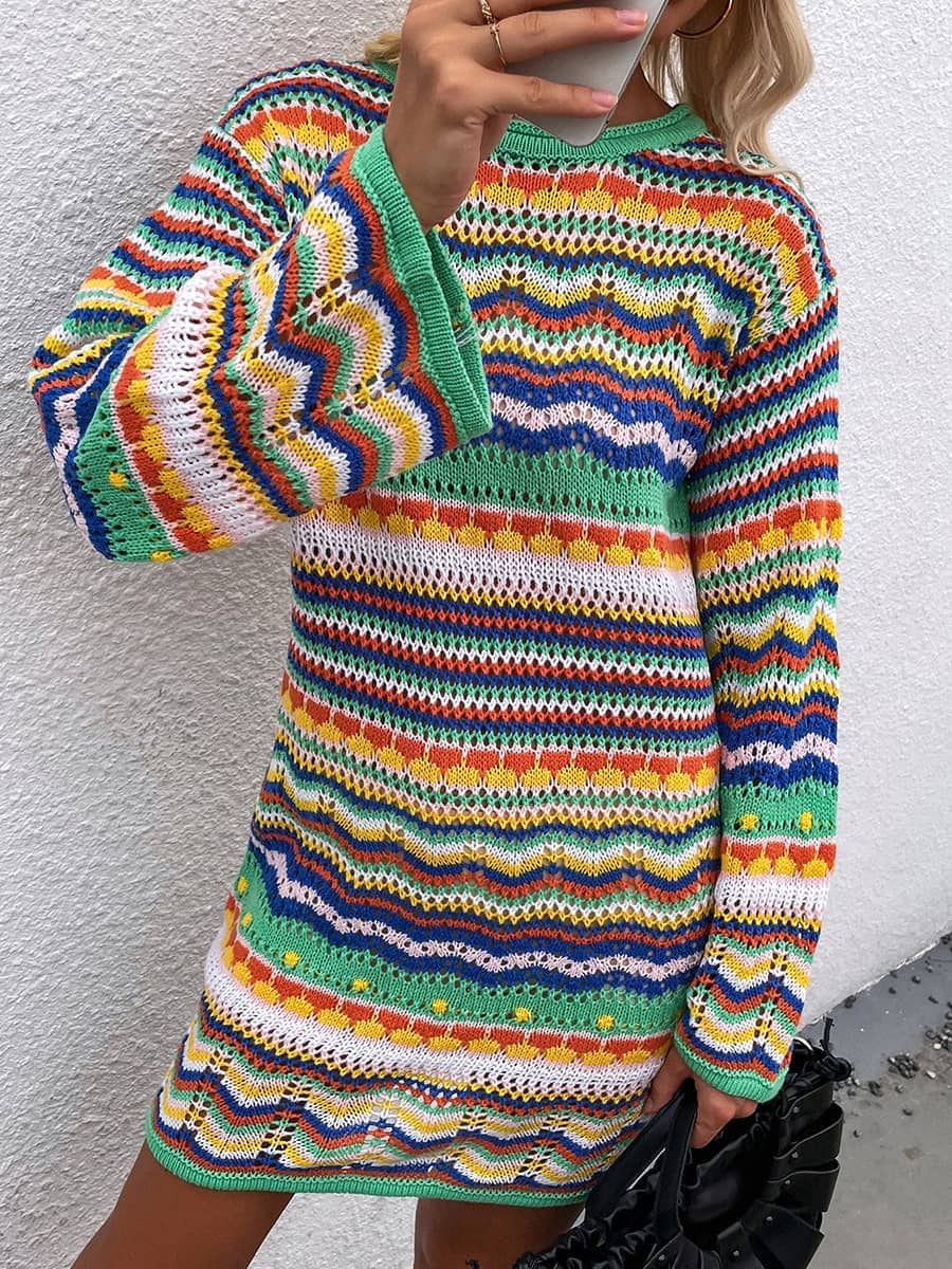 Round Neck Colorful Stripe Knitted Dress Mid Length Women's Sweater