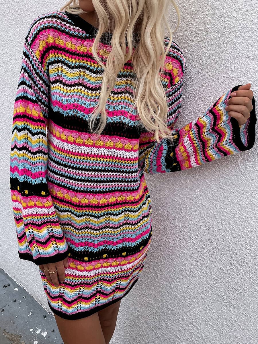 Round Neck Colorful Stripe Knitted Dress Mid Length Women's Sweater