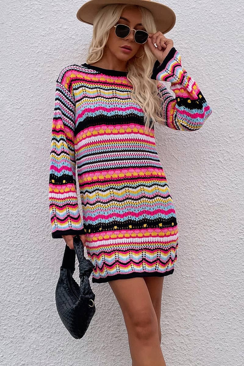 Round Neck Colorful Stripe Knitted Dress Mid Length Women's Sweater
