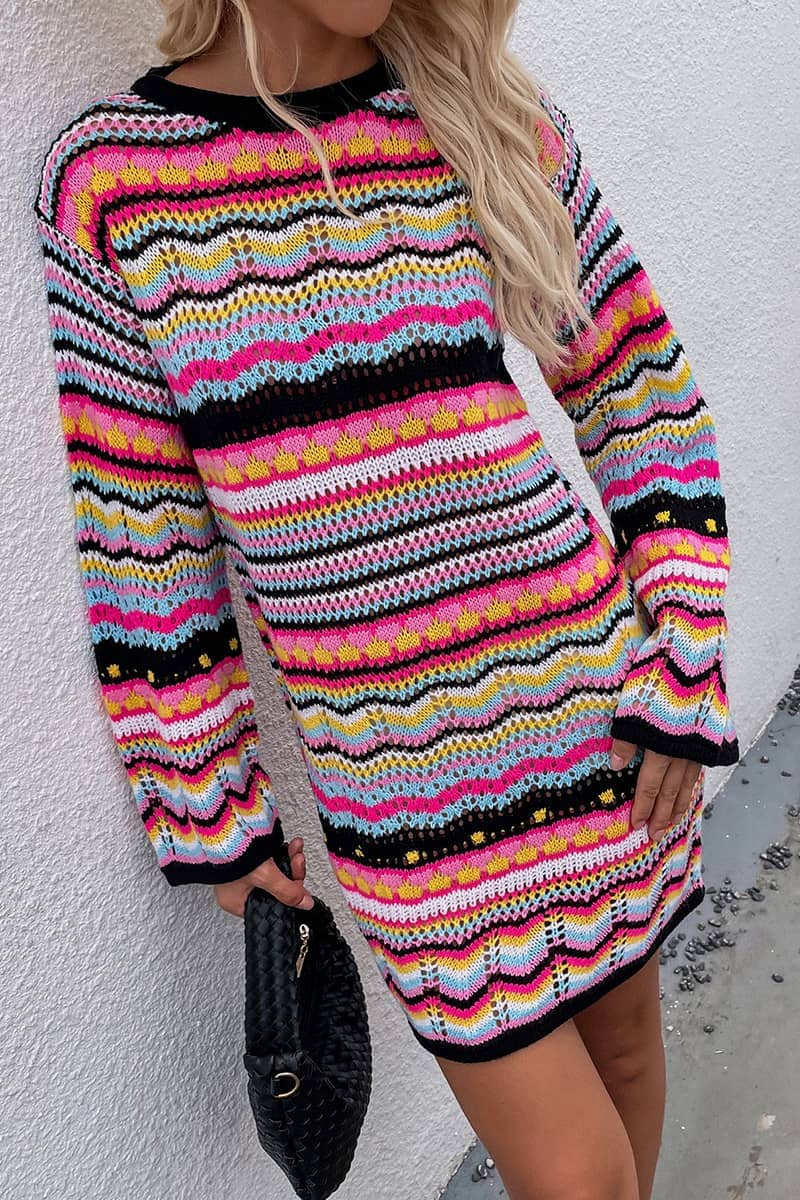 Round Neck Colorful Stripe Knitted Dress Mid Length Women's Sweater