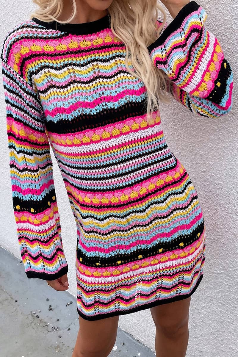 Round Neck Colorful Stripe Knitted Dress Mid Length Women's Sweater