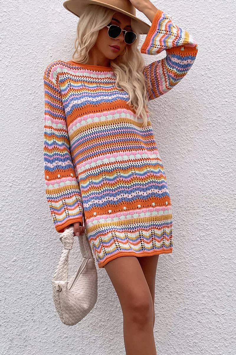 Round Neck Colorful Stripe Knitted Dress Mid Length Women's Sweater