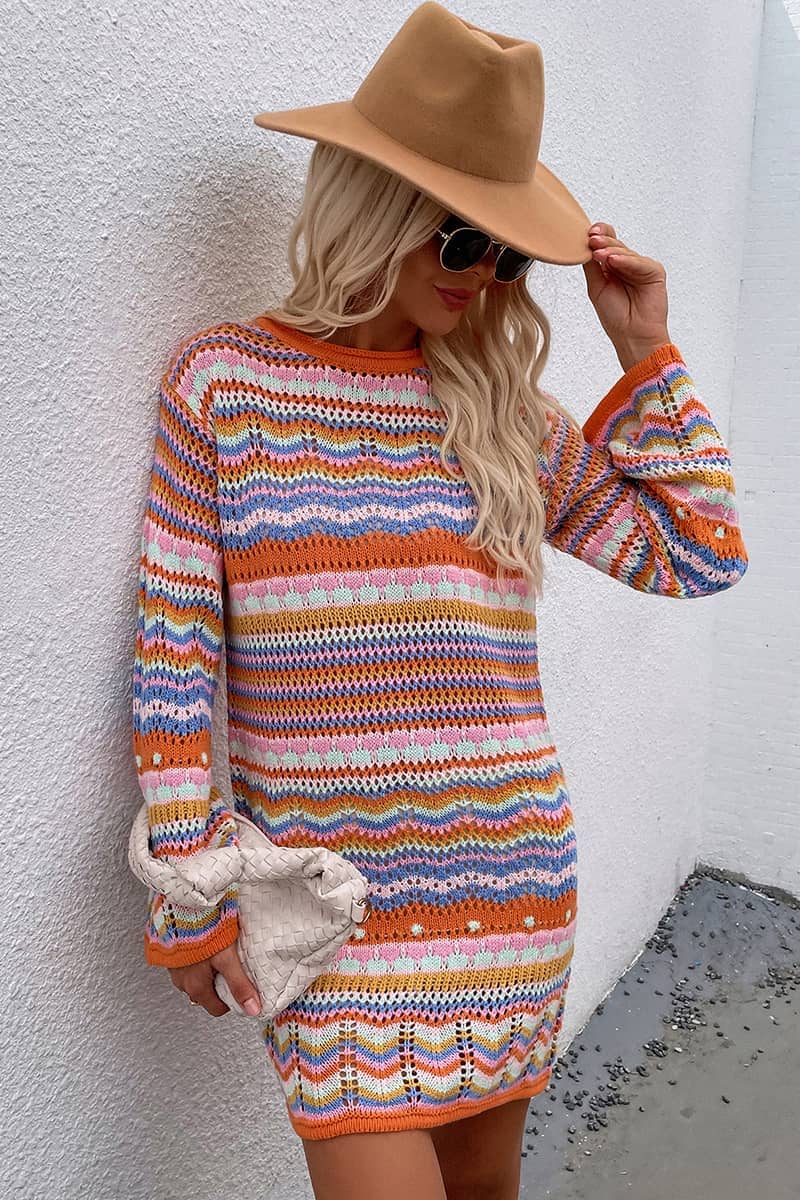 Round Neck Colorful Stripe Knitted Dress Mid Length Women's Sweater