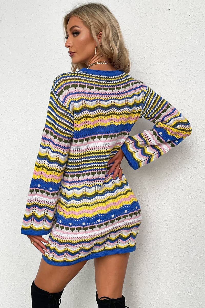 Round Neck Colorful Stripe Knitted Dress Mid Length Women's Sweater